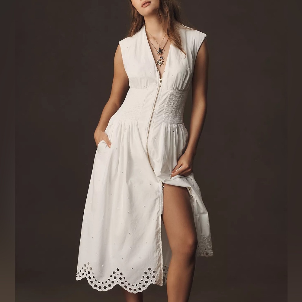 NWT! Anthropologie Tommie Cap-Sleeve Smocked Front-Zip Shirt Dress Eyelet-Trim